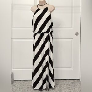 London Times Petite Black and White Striped Maxi Dress 14P